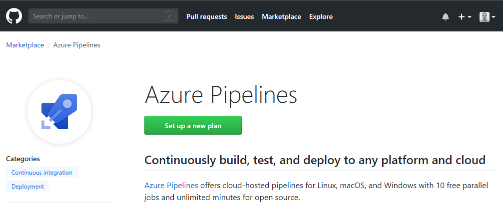 Azure Pipelines app in GitHub Marketplace