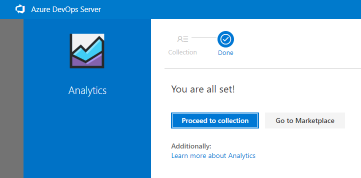 Captura de tela da extensão do Marketplace do Analytics instalada, Prossiga para a coleção.