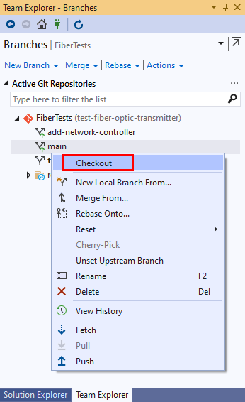 Captura de tela da opção Check-out no modo de exibição Branches do Team Explorer no Visual Studio 2019.