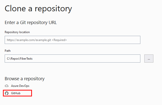 Screenshot of the GitHub option in the 'Clone Repository' window in Visual Studio 2019.