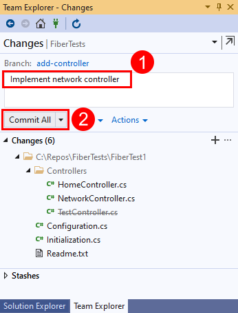 Captura de tela da opção “Confirmar tudo” no modo de exibição “Alterações” do Team Explorer no Visual Studio 2019.
