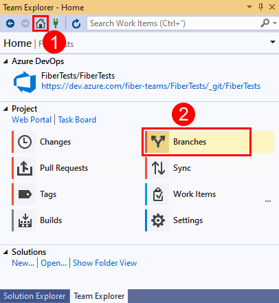 Captura de tela mostrando a opção Branches no Team Explorer no Visual Studio 2019.