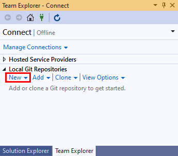 Captura de tela da opção novo repositório na seção 'Repositórios Git Locais' do modo de exibição 'Conectar' do 'Team Explorer' no Visual Studio 2019.