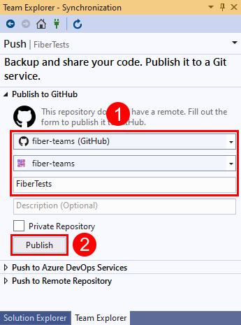Captura de tela das opções de conta do GitHub, nome e nome do repositório e do botão 'Publicar' no modo de exibição 'Sincronização' do 'Team Explorer' no Visual Studio 2019.