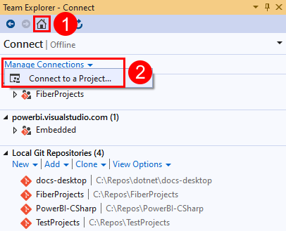 Screenshot of the 'Connect to a Project' link in Team Explorer in Visual Studio 2019.