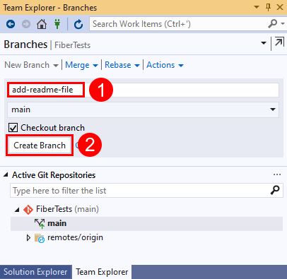Screenshot of the branch name text and 'Create Branch' button in Visual Studio 2019.