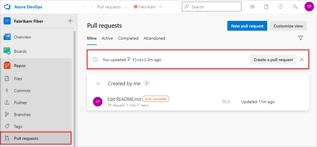 Screenshot that shows the prompt to create a P R on the Pull Requests tab in Azure Repos.