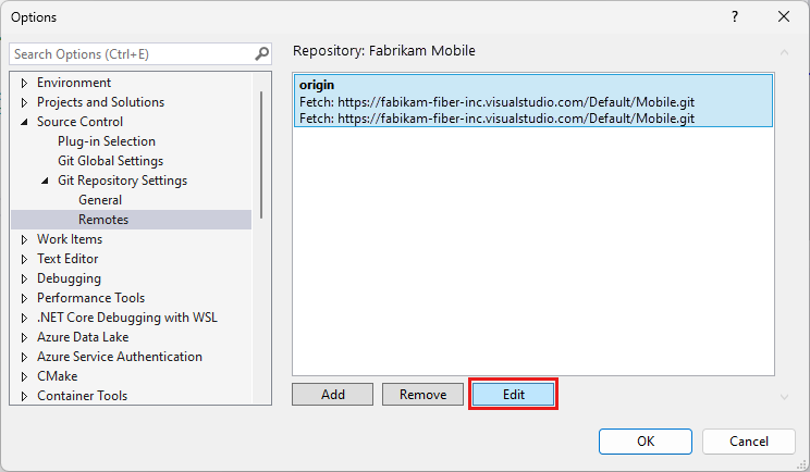 Captura de tela mostra a caixa de diálogo Opções com a opção de editar repositórios remotos.