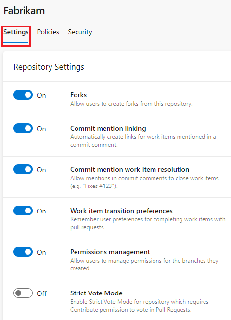 Screenshot that shows the repo project Settings tab selected.