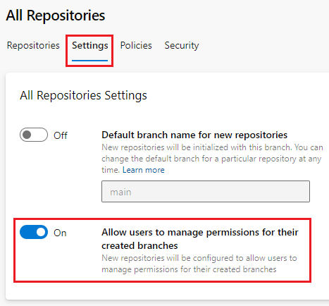 Screenshot that shows the project-level Allow users to manage permissions for their created branches setting.