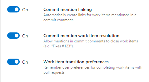 Screenshot that shows the work item linking repository settings.