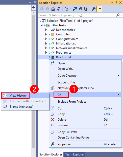 Captura de tela da opção Visualizar Histórico no menu de contexto do arquivo no Gerenciador de Soluções no Visual Studio.