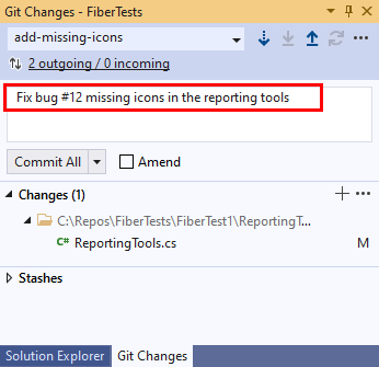 Captura de tela de um item de trabalho vinculado a uma confirmação na janela 'Alterações do Git' no Visual Studio.