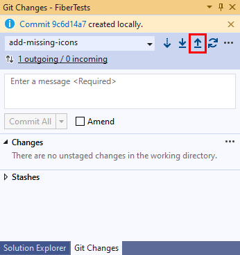 Captura de tela do botão de push de seta para cima na janela 'Alterações do Git' do Visual Studio.