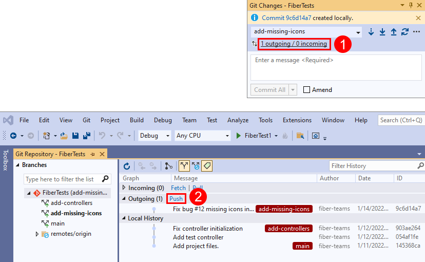 Captura de tela do link 'saída/entrada' na janela 'Alterações do Git' e o link de push na janela 'Repositório Git' do Visual Studio.