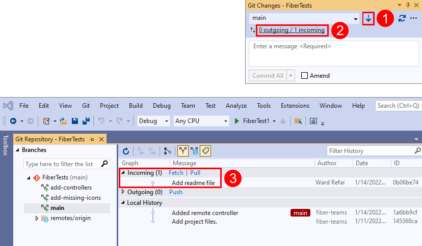 Captura de tela dos botões Buscar, Pull, Push e Sincronizar na janela 'Alterações do Git' do Visual Studio.