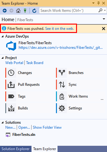 Captura de tela do link ‘Veja na web’ no modo de exibição ‘Página Inicial’ do Team Explorer no Visual Studio 2019.