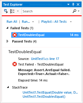 Unit Test Explorer showing failed test for equal