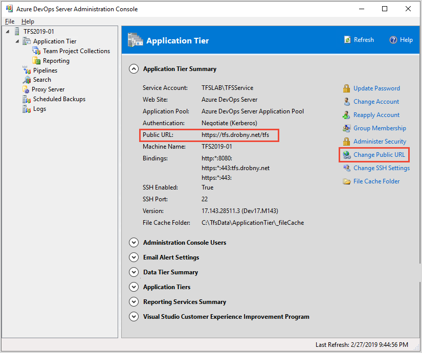Captura de tela do Console de Administração do Azure DevOps Server, página Camada de Aplicativo, alterar URL Pública, 2019