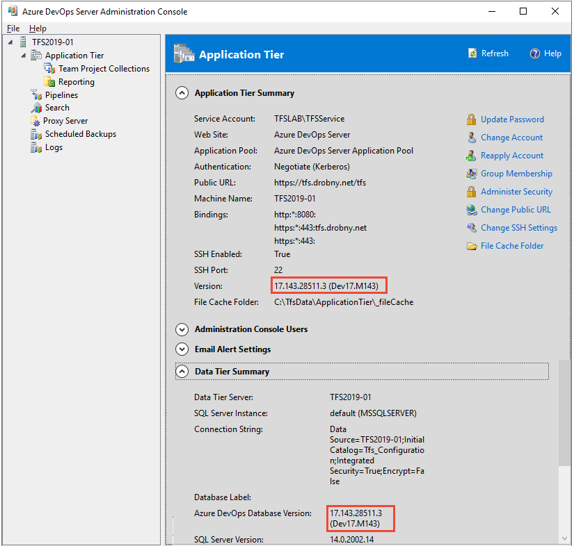 Captura de tela do Console de Administração do Azure DevOps Server, página Camada de Aplicativo, 2019.
