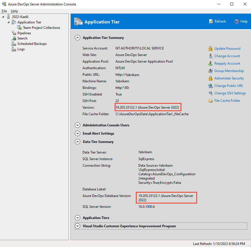 Captura de tela do Console de Administração do Azure DevOps Server, página Camada de Aplicativo, 2022.