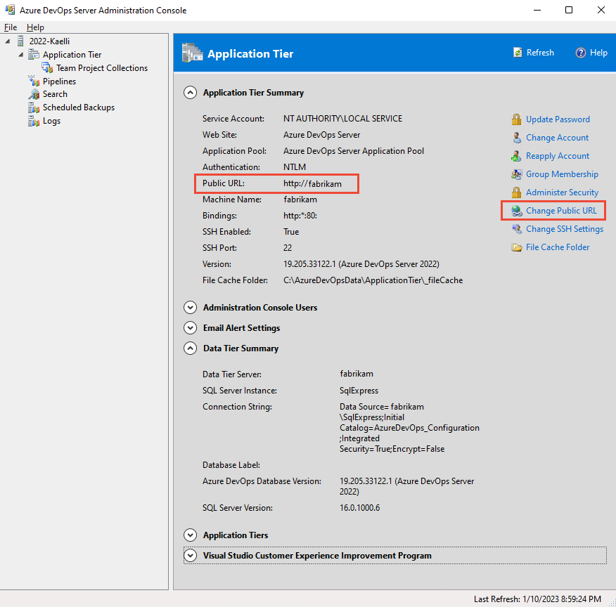 Captura de tela do Console de Administração do Azure DevOps Server, página Camada de Aplicativo, alterar URL Pública, 2022.