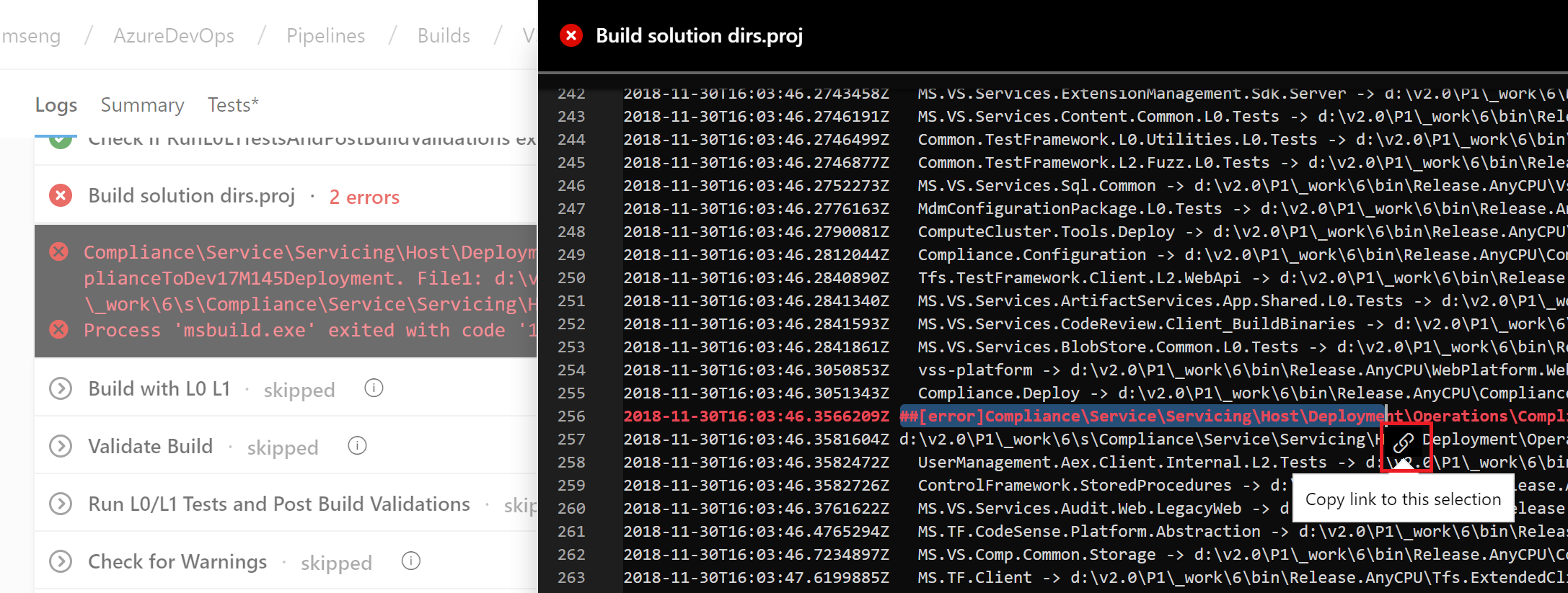 Captura de tela do arquivo dirs.proj da solução build com uma linha do log realçada e a opção Copiar Link para essa seleção destacada.