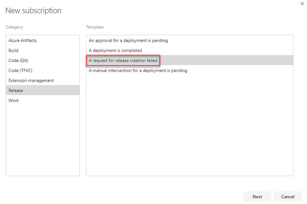 Captura de tela mostrando o assistente Nova assinatura com a categoria Versão realçada e a opção Falha na solicitação A para criação de versão destacada.