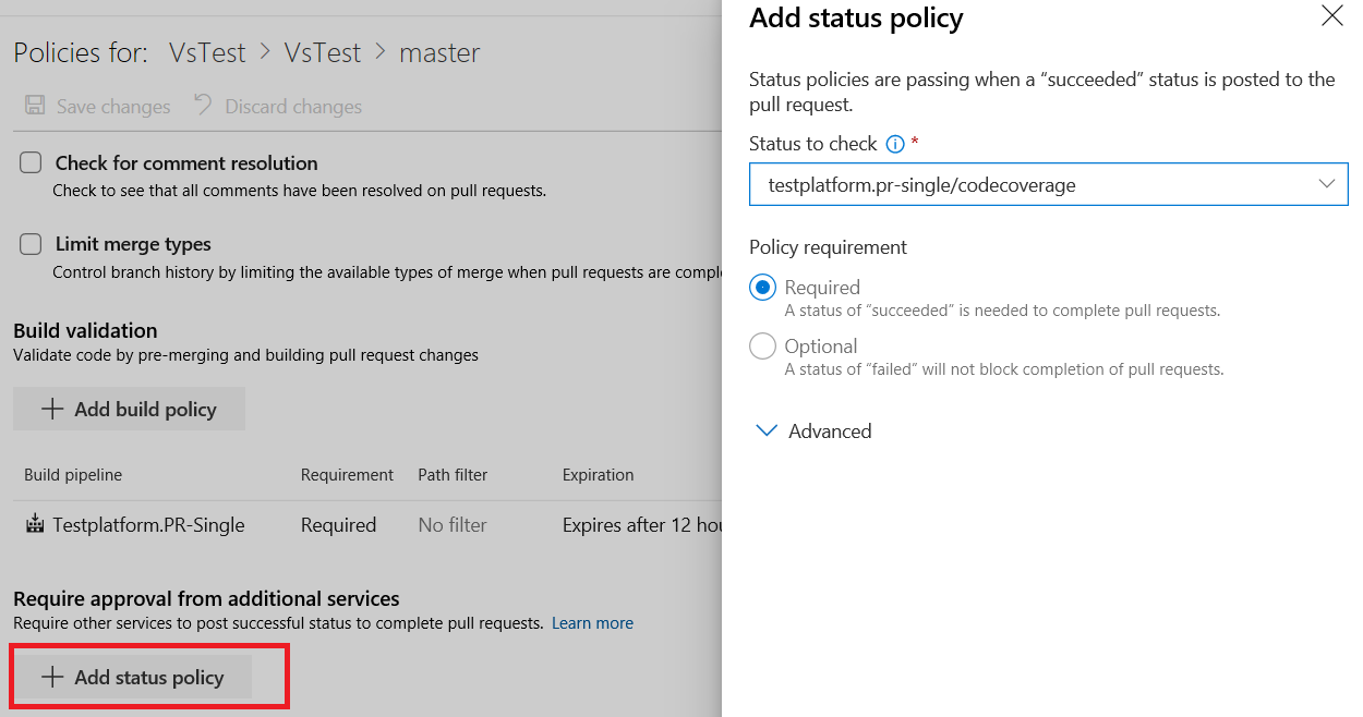 Captura de tela da opção Adicionar política status chamada e a seção Adicionar política de status que aparece quando você seleciona a opção ..