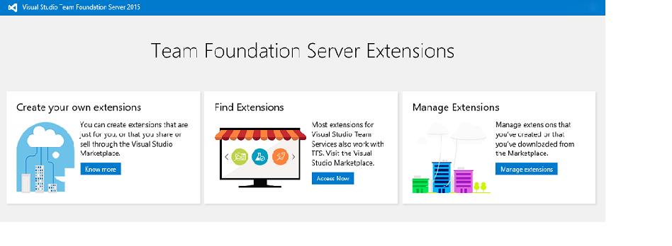 As extensões locais podem ser carregadas no Team Foundation Server e instaladas em coleções de projetos de equipe específicas. As extensões também podem ser baixadas do Visual Studio Marketplace e carregadas em um Team Foundation Server.