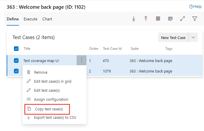 Captura de tela mostrando o menu Mais ações de casos de teste, opção copiar casos de teste.