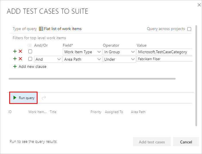 Captura de tela mostrando a caixa de diálogo Adicionar casos de teste ao conjunto com o botão Executar consulta realçado.