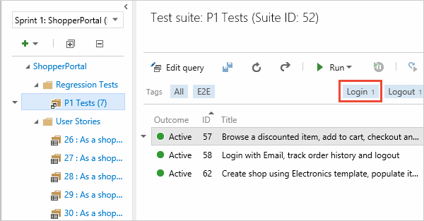 Captura de tela mostrando no portal da Web Planos de Teste, na página Planos de Teste, escolha ou adicione marcas no painel de caso de teste.