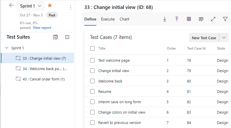 Captura de tela de Azure Test Plans, planos de teste, conjuntos de testes, guia Definir