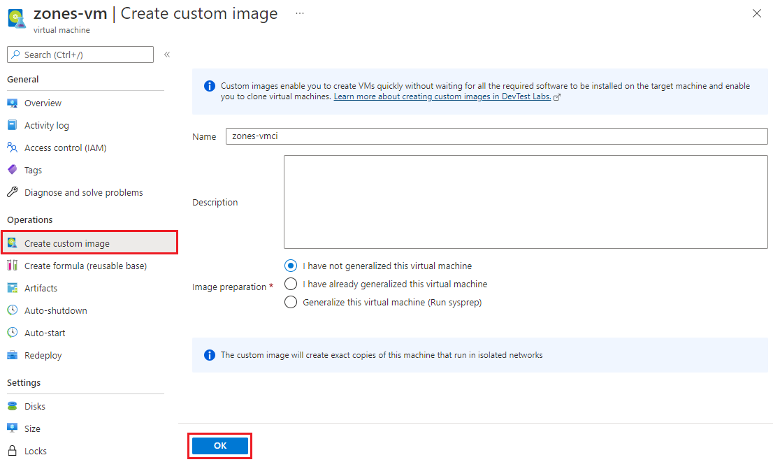 Captura de tela que mostra a página Criar imagem personalizada na página de visão geral da VM.
