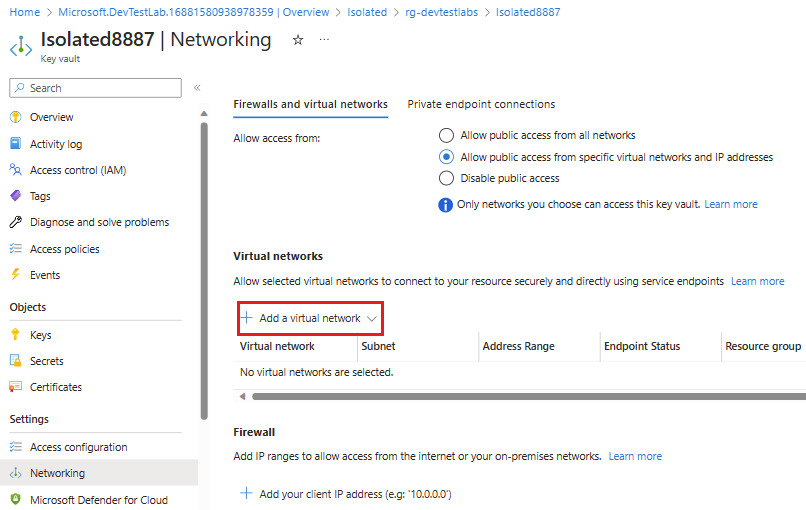 Captura de tela que mostra o painel de rede do cofre de chaves com Adicionar rede virtual existente realçado.