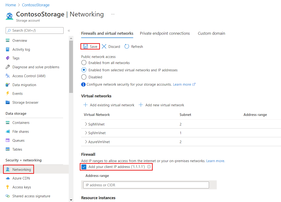 Screenshot that shows the storage account network details.
