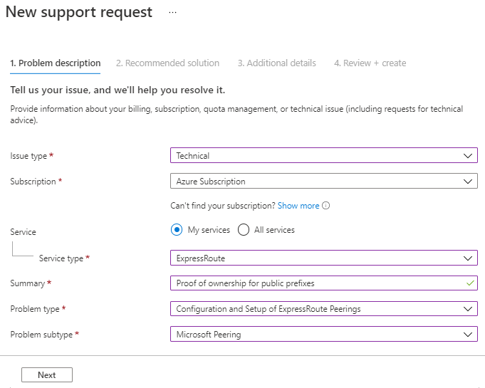 Screenshot showing a New support request (support ticket) for 