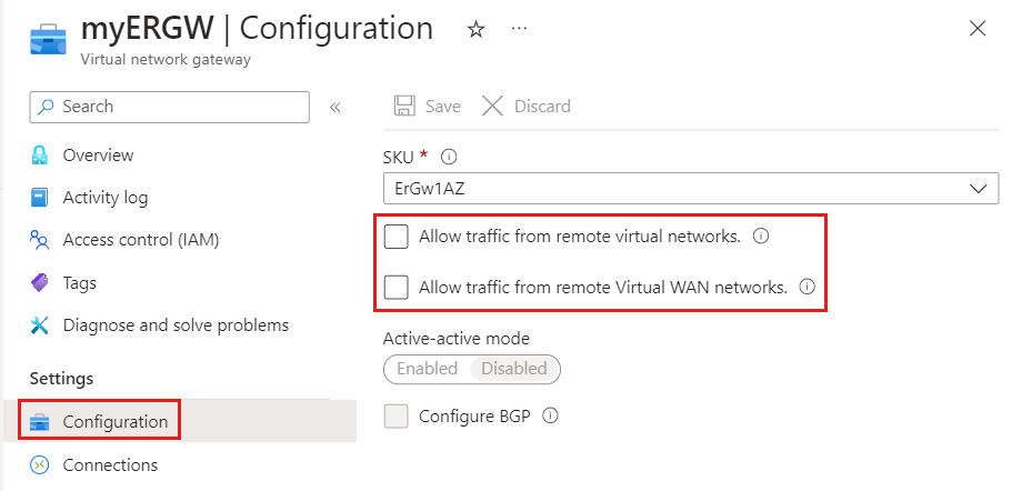 Screenshot that shows how to enable VNet to VNet and VNet to WAN traffic.