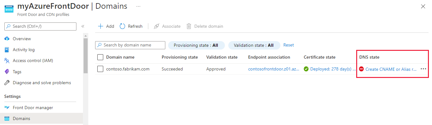 Captura de tela que mostra o link de estado do DNS.