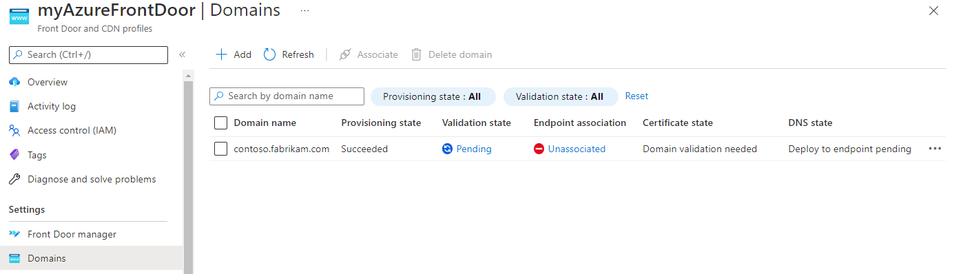 Captura de tela que mostra o estado de validação de domínio como Pendente.