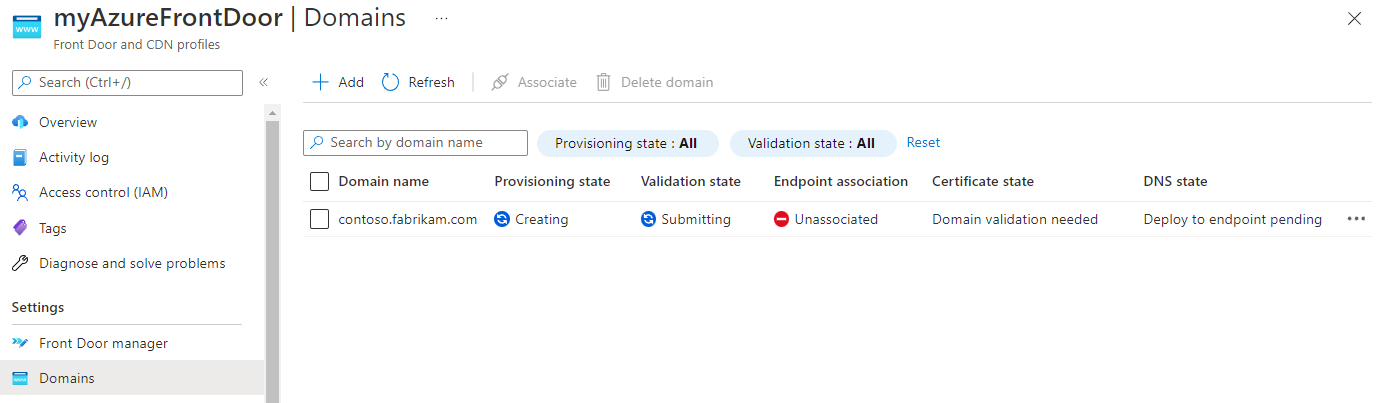 Captura de tela que mostra o estado de validação de domínio como Enviando.