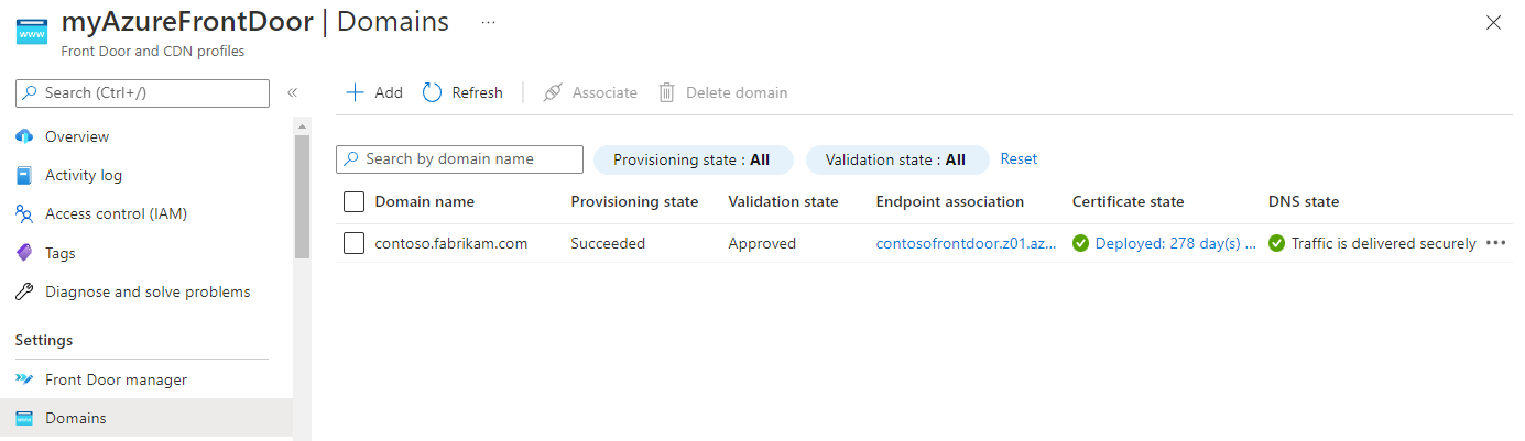 Captura de tela que mostra o domínio personalizado validado e associado.