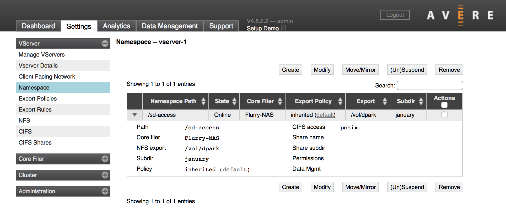 A página de configurações VServer > Namespace que mostra os detalhes de uma junção
