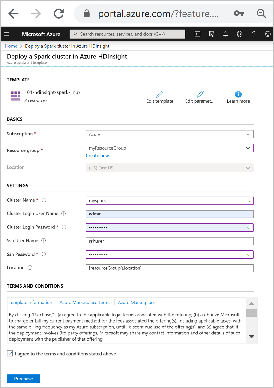 Create Spark cluster in HDInsight using Azure Resource Manager template