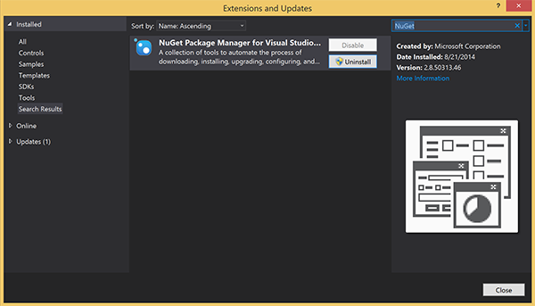 Captura de tela da caixa de diálogo Extensões e Atualizações, com o gerenciamento do Pacote NuGet para o Pacote do Visual Studio realçado.