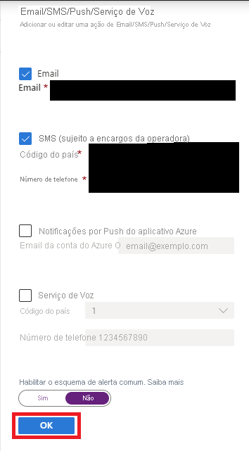 Captura de tela que mostra seleções para adicionar um alerta de mensagem de email e SMS.