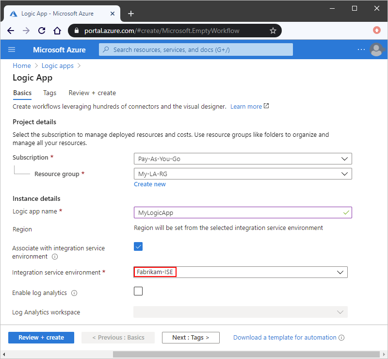 Captura de tela mostrando o portal do Azure com o ambiente de serviço de integração selecionado.