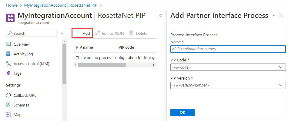 Captura de tela da página PIP do RosettaNet, com Adicionar selecionado. O painel Adicionar Processo de Interface de Parceiro contém caixas para o nome, o código e a versão.