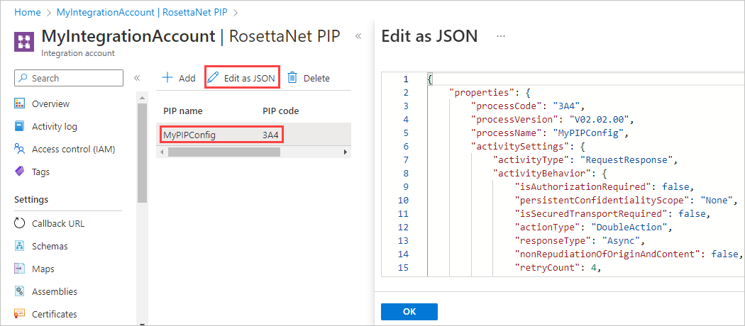 Captura de tela da página RosettaNet PIP, com Editar como JSON e um PIP selecionado. Em Editar como JSON, as propriedades PIP codificadas ficam visíveis.
